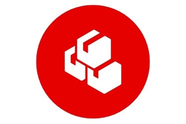 a red and white logo with a red and white background