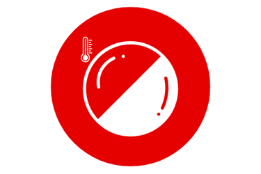 a red and white circular clock with a thermometer