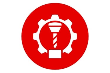 a red and white logo with a red and white background