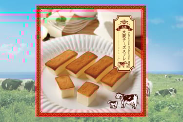 五感の大阪チーズスフレの商品パッケージと盛り付けられたスフレチーズケーキ|堺市のニュースならサカイタイムズ