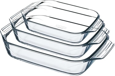 a stack of three glass containers with clear glass lids