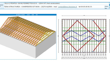 Etude de charpente industrielle économique, plan de pose fermettes, logiciel de conception, 2 pentes