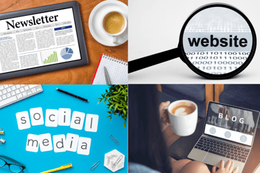 Collage of 4 pics representing a newsletter, social media, blog, and website