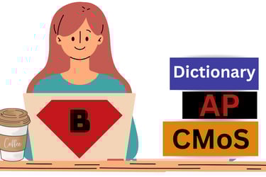 Cartoon of redhead at laptop with a Superman B logo on it, cup of coffee, stack of resource books