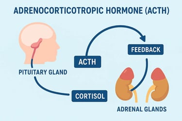 Illustration showing ACTH hormone function and regulation between the pituitary and adrenal glands.