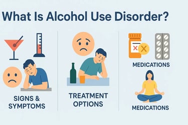 Illustration showing signs, symptoms, and treatment options for Alcohol Use Disorder (AUD)