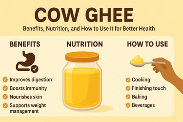Illustration showing cow ghee benefits, vitamins, minerals, and health uses in diet and Ayurveda