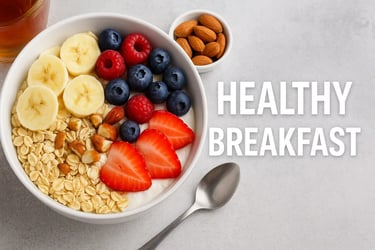 A nutritious healthy breakfast bowl with fruits, oats, and nuts