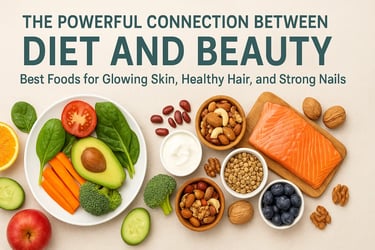 Balanced diet plate with fruits, vegetables, and nuts supporting natural beauty and skin health