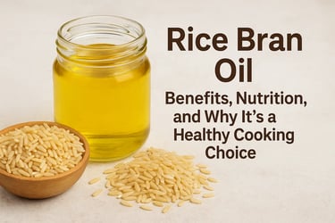 Rice bran oil in a glass jar with rice grains, showcasing its health benefits, antioxidants, and coo