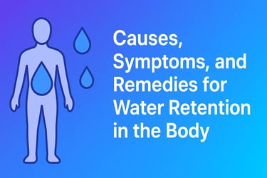 Illustration showing causes, symptoms, and remedies for water retention (edema) in the human body