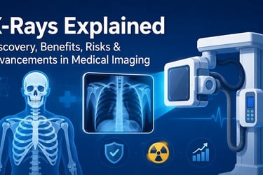 Illustration of X-ray technology showing human skeleton and modern digital imaging equipment