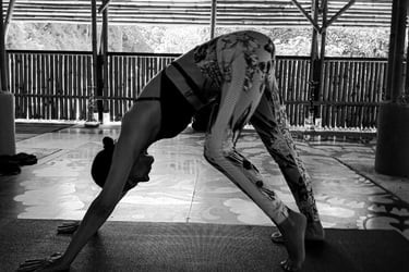 A woman transitions from Downward to Warrior One in Yoga practice