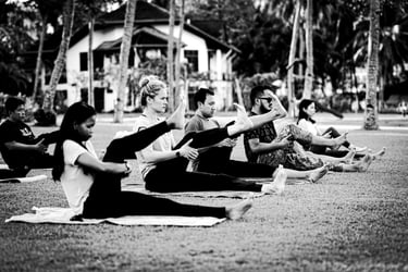 A group of people doing yoga exercises on a lawn