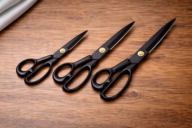 Profesionalios žirklės baldiniams audiniams, audiniams ir odai – trys skirtingi dydžiai