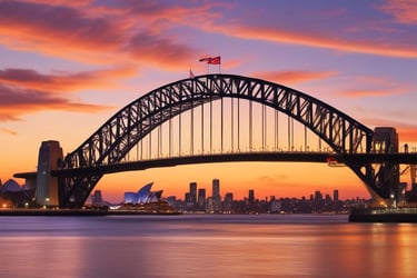 The Sydney Harbour Bridge and Opera House at sunset with a vibrant orange sky over the water.