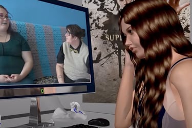 An animated film still of a CG woman looking at a computer screen of two people talking.