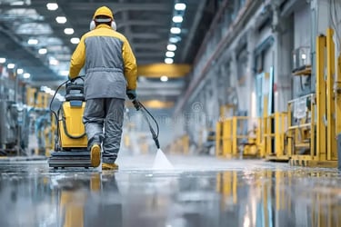 Professional industrial floor cleaning using a pressure washer and scrubber in a factory setting.