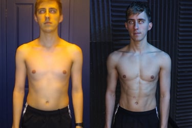 A man with his top off showing his before and after body transformation results