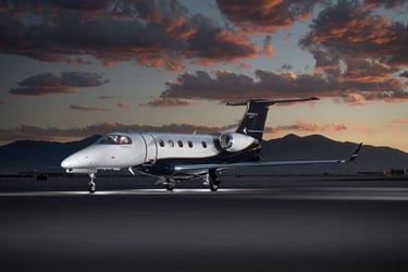 Luxury private jet parked on the tarmac at sunset, offering VIP travel and business aviation. Designed for executives and eli