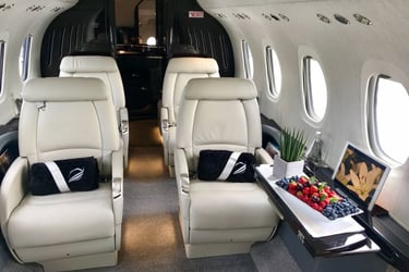 Luxury private jet interior featuring plush leather seats, in-flight entertainment, and premium catering. Designed for VIP tr