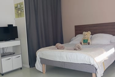 Lit double confortable et accueil personnalisé dans la chambre du Gîte Bricabroc en Sarthe