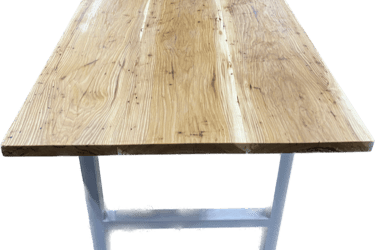 Hickory farmhouse slab table with metal H legs made by Austen at Eternally Furnished.
