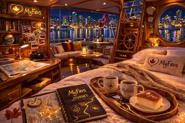Wooden sailboat deck at night in Vancouver Coal Harbour with city skyline lights and MyFavs discover