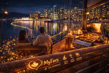 Wooden sailboat deck at night in Vancouver Coal Harbour with city skyline lights and MyFavs discover