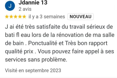 avis positif sur les tarifs de Bati Fl'Eau plombier Marseille 13010 