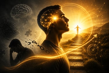 Conceptual art of a man overcoming mental blocks and achieving enlightenment through mindfulness and brain health.