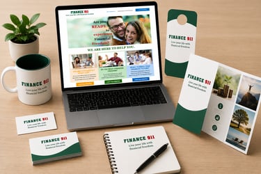 Finance 911 branded marketing materials including laptop website, business cards, and brochures on a desk.