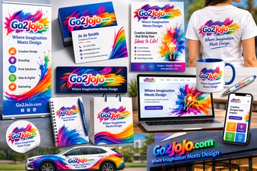 Branding kit for Go2JoJo graphic design services featuring colorful logos on business cards, stationery, apparel, and a car