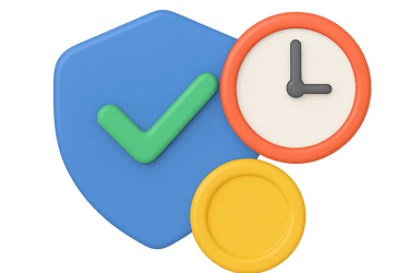 Shield, clock, and coin symbol