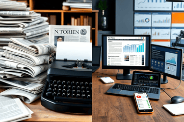 Früher entstand die Zeitung per Schreibmaschine (Collage/Krea AI)