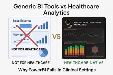Comparison shows generic PowerBI business charts versus Vizier healthcare-native patient monitoring