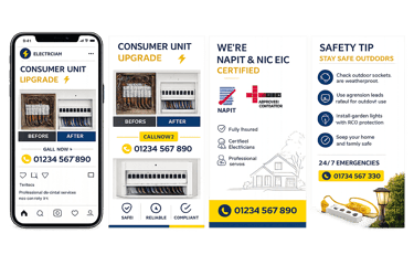 Social media marketing service dashboard for local electrician businesses.