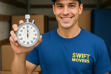 Swift Movers crew member in uniform holding a stopwatch, symbolizing fair and transparent billing ba