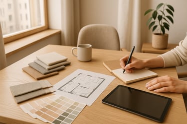 Una persona sentada en una mesa con una tableta y una tabla de muestras.