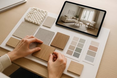 Una persona sostiene un trozo de madera y una tableta que tiene un portátil encima.
