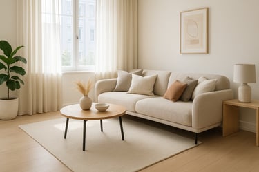 Un salón con un sofá y una mesa.