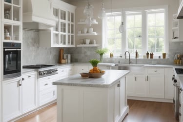 a kitchen with a bowl of fruit on the counter