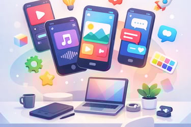 Digital content marketing illustration with 3D mobile app icons floating above a laptop on a workspace desk.