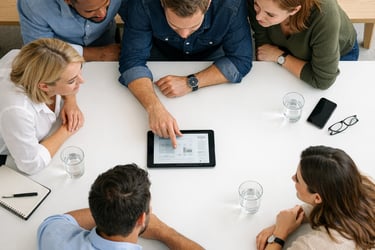 Diverse business team collaborating over data on a digital tablet at a modern office table.