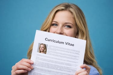 A blonde woman holding her professional Curriculum Vitae resume paper against a blue background.