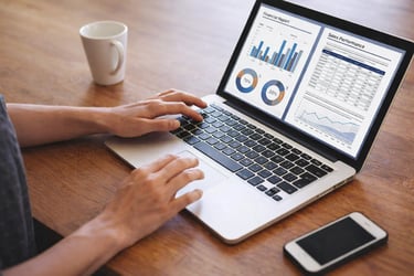 Professional analyzing financial report and sales performance data charts on a laptop screen.