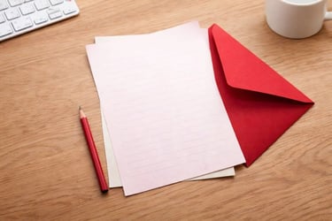 Blank lined stationery paper with a red envelope, pencil, and coffee mug on a wooden desk.