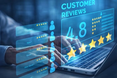 Digital dashboard displaying customer reviews and star ratings on a laptop keyboard for reputation management.