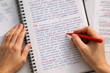 A student taking handwritten notes in a spiral notebook with a red pen on a white desk with coffee and glasses.