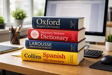 A stack of English, French, and Spanish dictionaries on a wooden office desk next to a computer.